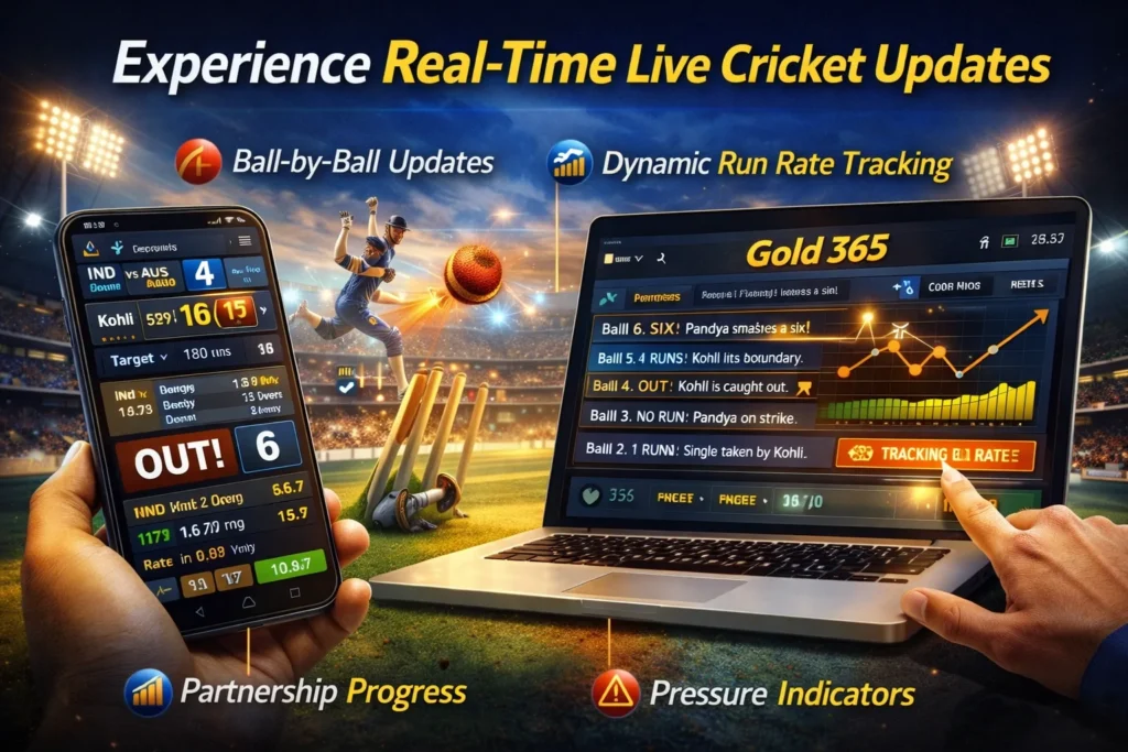 Real-time cricket updates showing ball-by-ball tracking, run rate analysis, and partnership progress in Batting Play on Gold 365.
