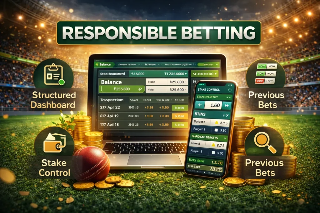 Responsible Online Match Betting dashboard on Gold365 showing stake control and previous bets tracking