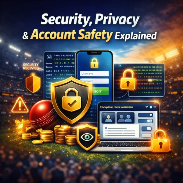 Security and privacy illustration showing encrypted login, shield protection, and safe online cricket ID dashboard
