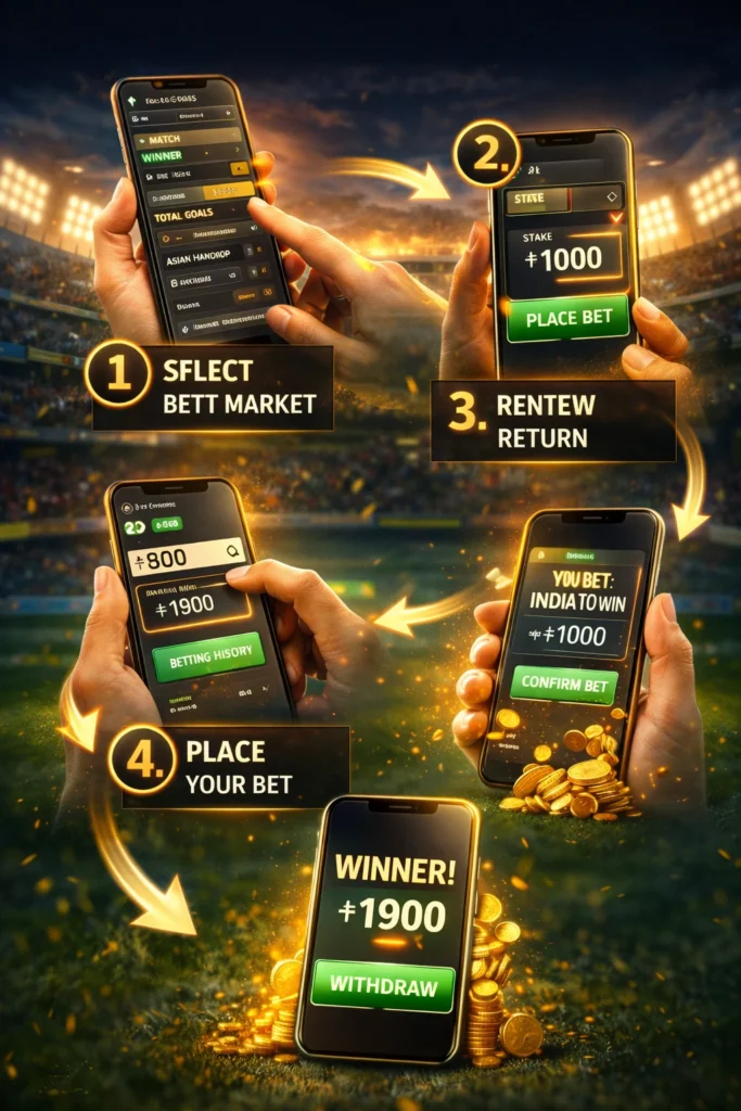 Beginner guide showing how to start Online Match Betting on Gold365 with market selection and stake placement
