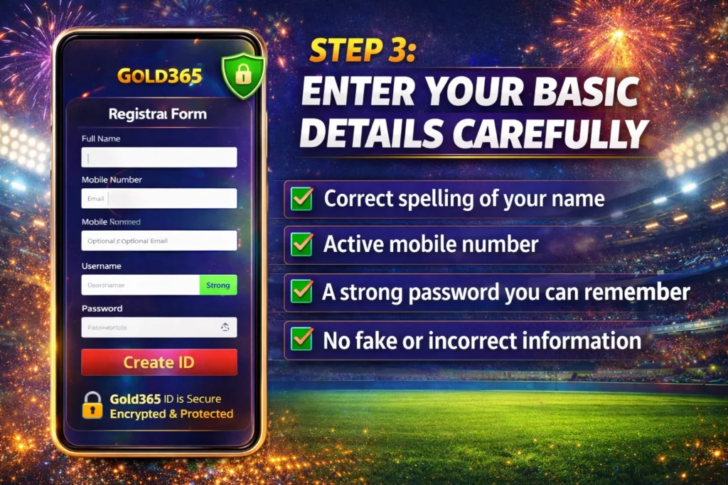 Gold365 T20 World Cup Cricket ID Step 3 showing how to enter basic details correctly