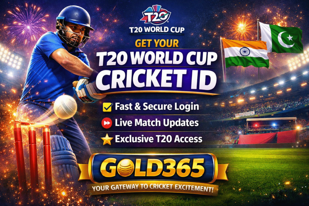 T20 World Cup Cricket ID promotional banner on Gold365 showing fast and secure login features