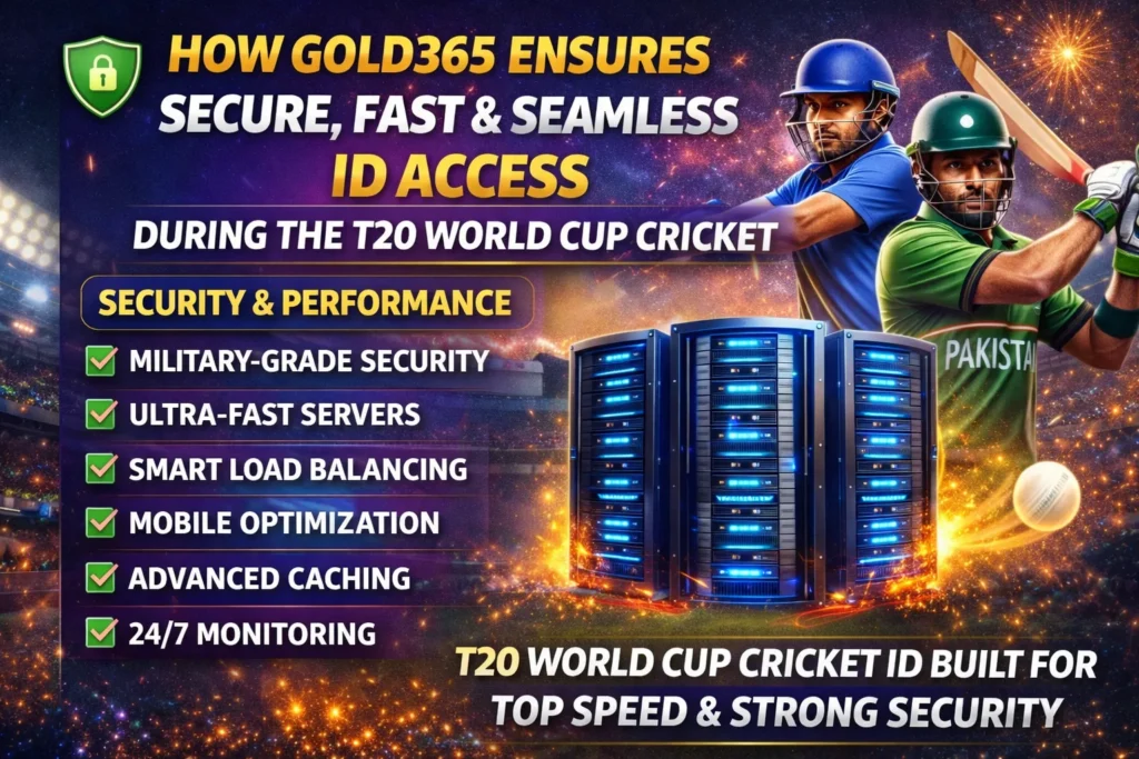 Gold365 secure and fast T20 World Cup Cricket ID access graphic with security features and players