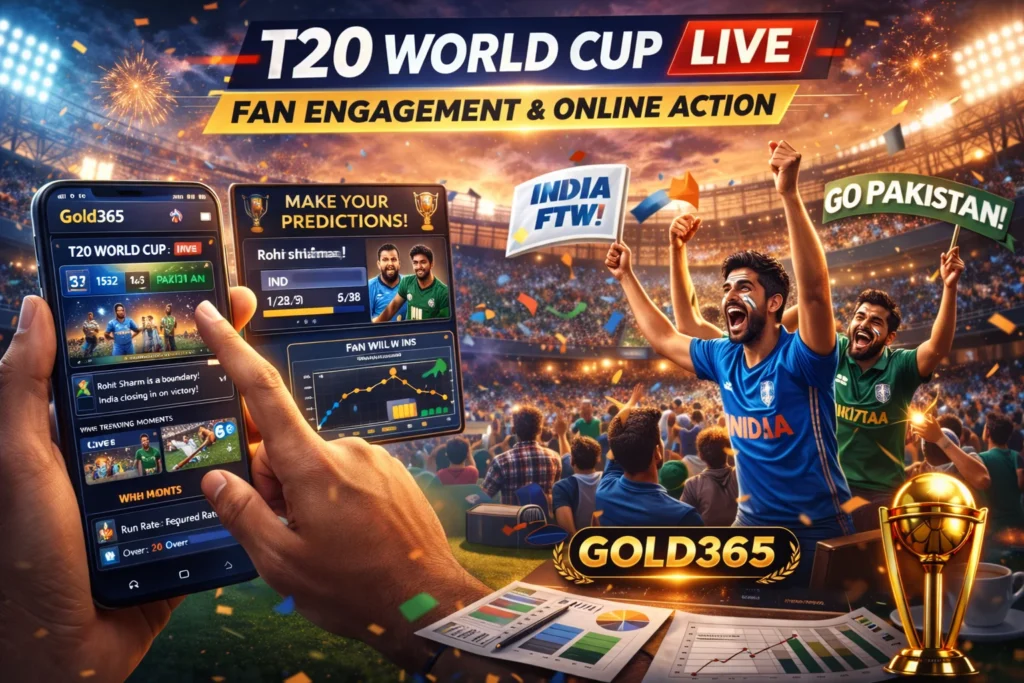 Fans interacting with T20 World Cup Live updates on Gold365 using mobile device with predictions and live match interaction features