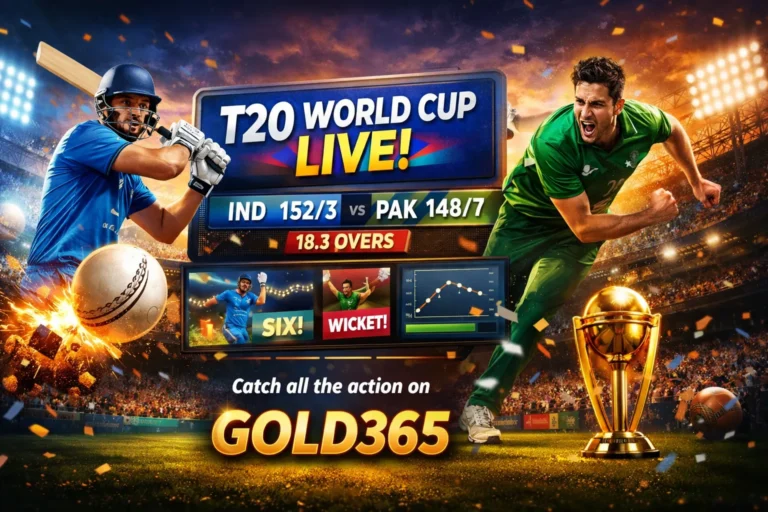 T20 World Cup Live cricket updates showing real-time match score, players action and Gold365 live dashboard