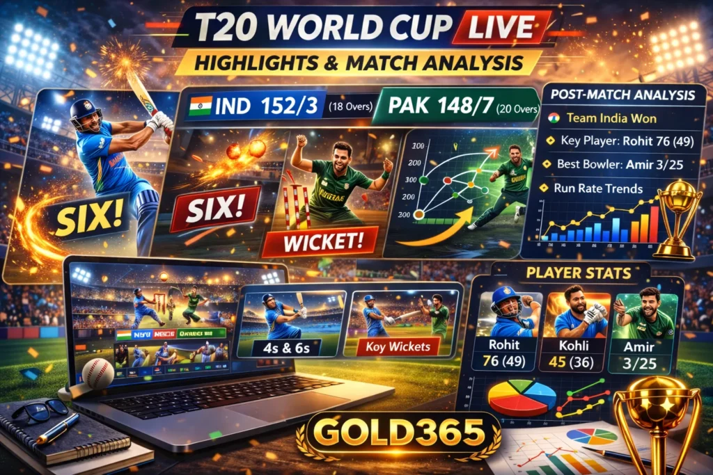 T20 World Cup Live cricket highlights showing wickets, sixes and post match analysis dashboard on Gold365 platform