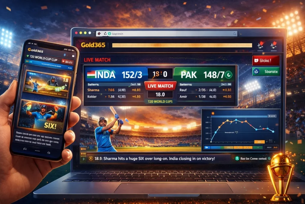 T20 World Cup Live real-time cricket scoreboard displayed on mobile and desktop with Gold365 live match updates