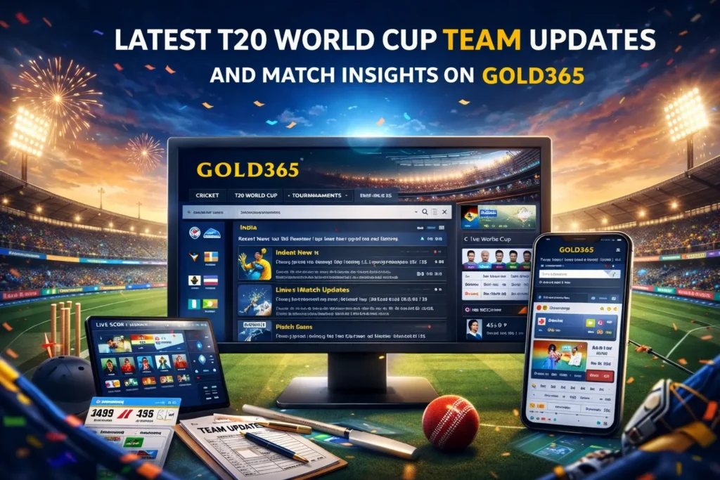 Digital dashboard showing T20 World Cup Team live updates, match analysis and squad news on Gold365 platform