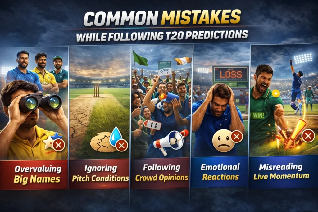 Common mistakes in T20 World Cup Tips including emotional reactions, ignoring pitch conditions and following crowd opinions