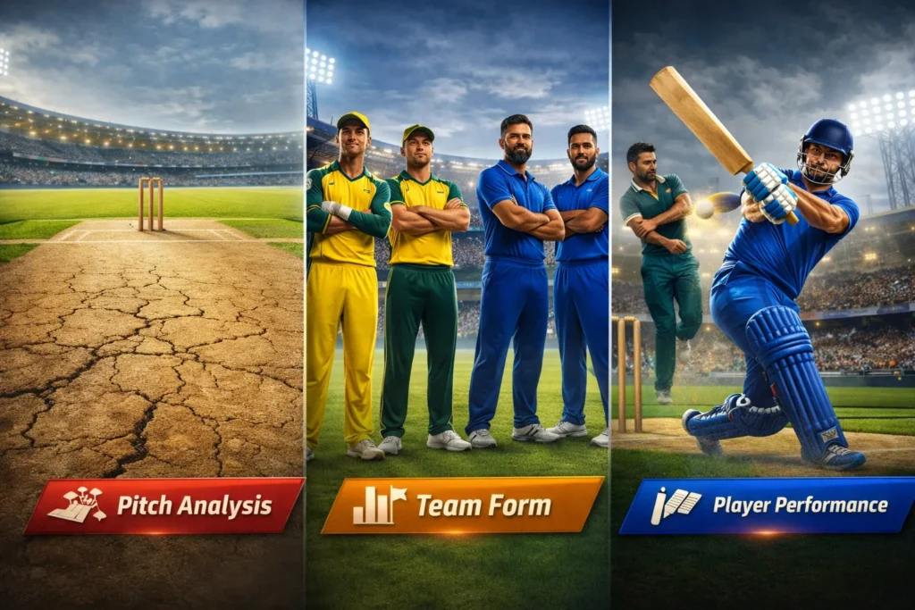 T20 World Cup Tips showing pitch analysis, team form comparison and player performance strategy in cricket stadium