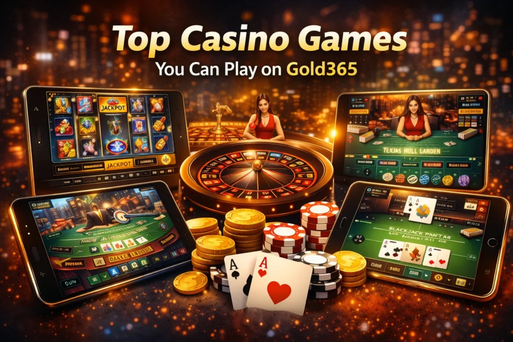 Digital illustration showing slot games, poker, live roulette, blackjack and baccarat available on Gold365.