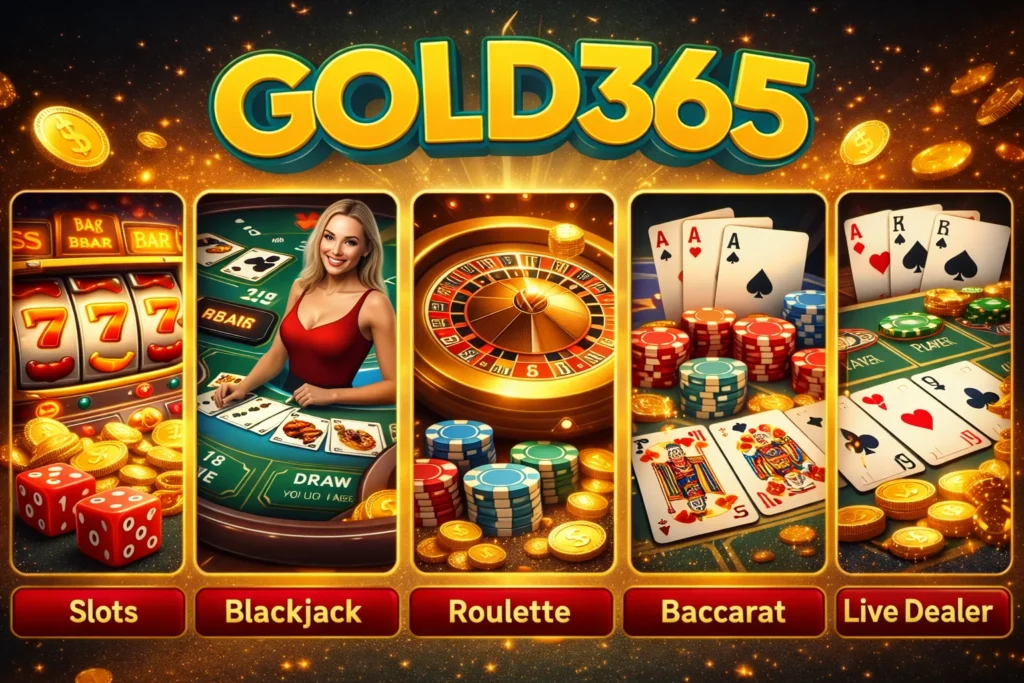 Gold365 casino online gambling games including slots blackjack roulette baccarat and live dealer