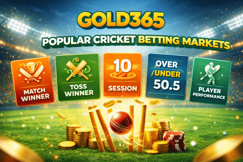 Popular cricket betting markets like match winner toss session and player performance on Gold365