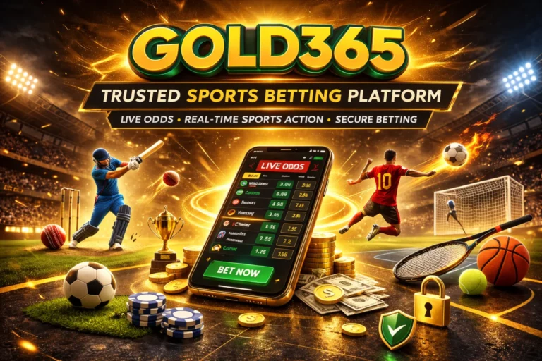 Gold365 sports betting platform banner showing live odds, secure Sport Betting ID access, and real-time sports action.