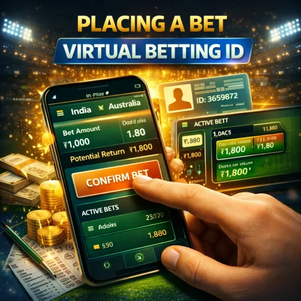 User placing a sports bet on smartphone using Virtual Betting ID with live betting interface and wallet balance display.