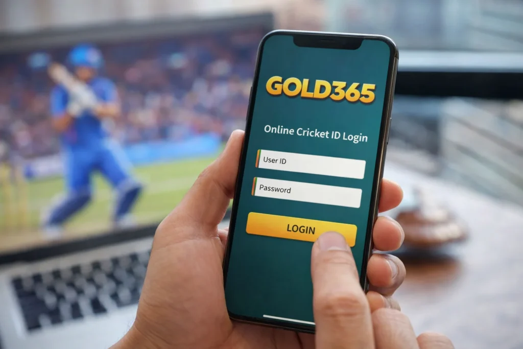 Online Cricket ID Login on Gold365 mobile screen with cricket background