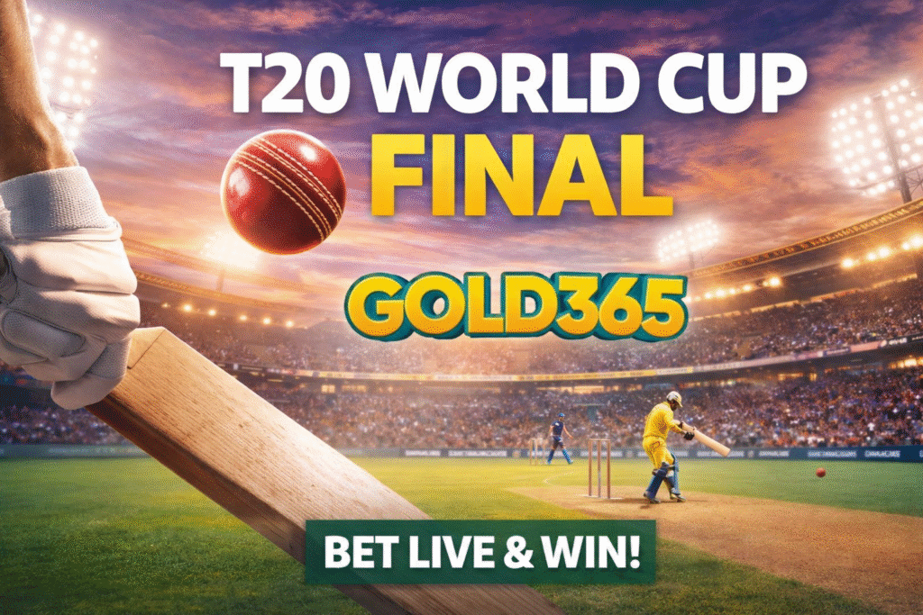 T20 World Cup Final live betting on Gold365 with cricket stadium and match action