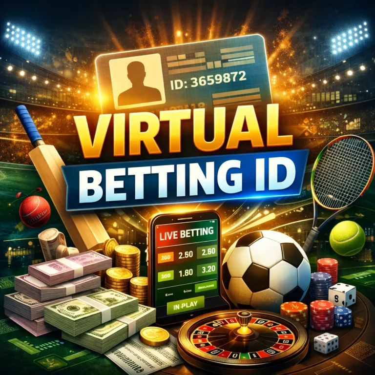 Illustration showing Virtual Betting ID concept with sports icons, betting dashboard and online sports betting platform interface.